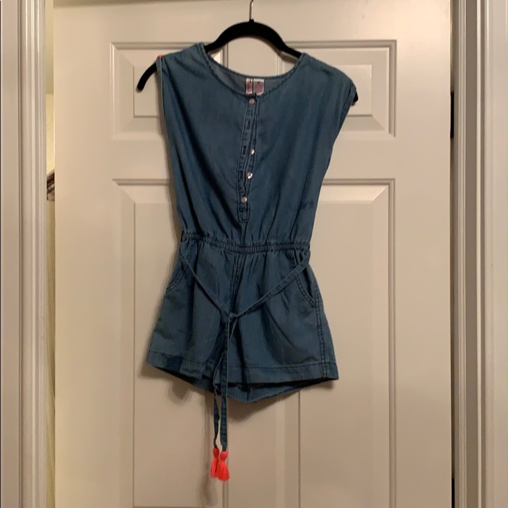 Denim girls romper with a touch of hot pink